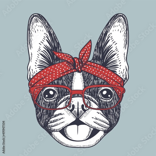 French bulldog hand drawn wearing a red glasses and polka dot bandana