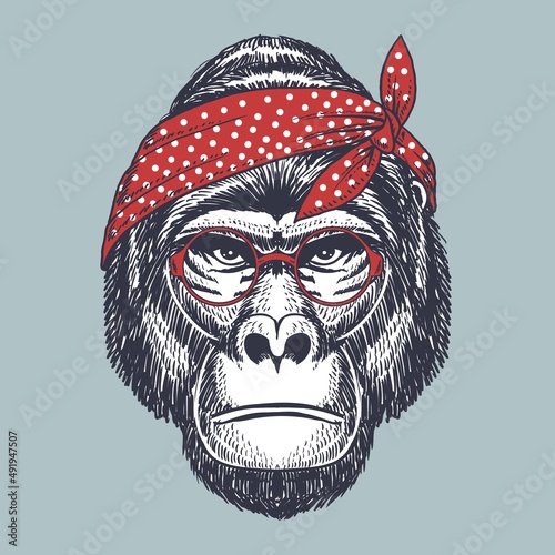 Gorilla hand drawn wearing a red glasses and bandana polka dot