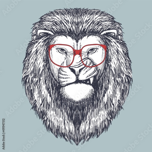 Lion hand drawn wearing a red glasses