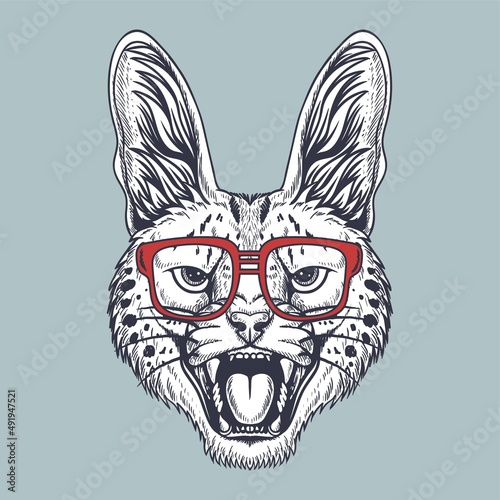 Serval angry hand drawn wearing a glasses