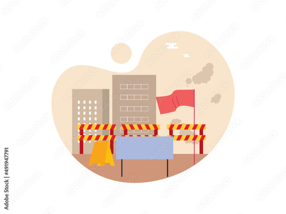 Demonstration scene background. Guardrail, posters and buildings. Demonstration vector illustration.