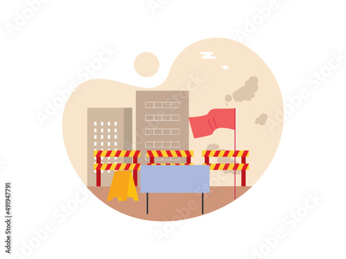 Demonstration scene background. Guardrail, posters and buildings. Demonstration vector illustration.