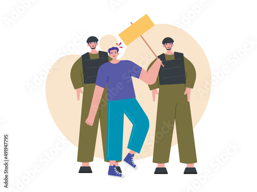 A man is guarded by police while shouting and carrying posters during a demonstration. Riot demonstrations. Demonstration vector illustration. 