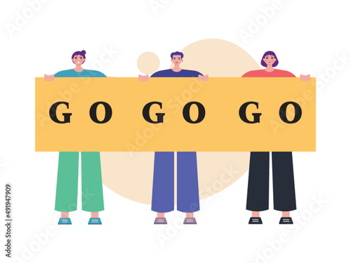Three people holding long posters while showing support. Youth activities in showing support. Demonstration vector illustration.