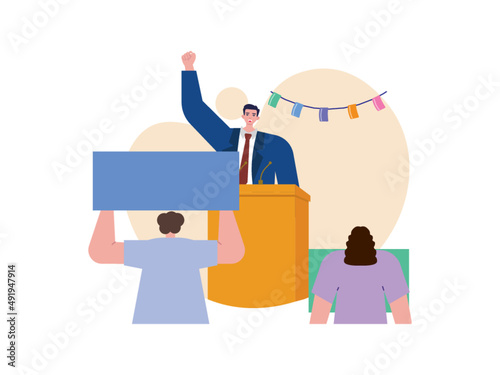 A man is speaking in front of the public on the stage. Action of support and protest during a speech.Demonstration vector illustration.