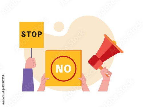 Posters and loudspeakers are used in protests or demonstrations. Action to protect the environment. Demonstration vector illustration