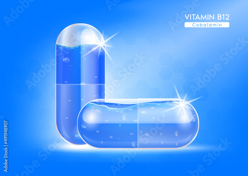 Vitamin B12 blue water in capsule. Vitamin complex bright colour with Chemical formula from nature. Health supplement skin care anti-aging and beauty. Medical and scientific. 3D Realistic Vector.