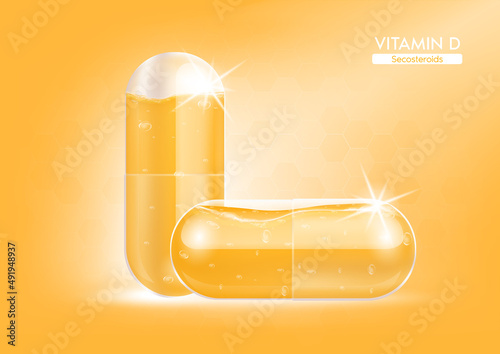 Vitamin D orange water in capsule. Vitamin complex bright colours with Chemical formula from nature. Health supplement skin care anti-aging and beauty. Medical and scientific. 3D Realistic Vector.