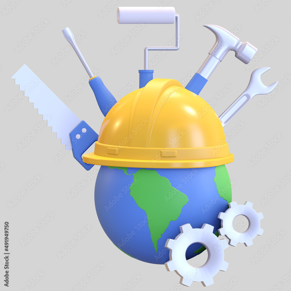 construction tools and helmet with earth symbol labour day illustration 3d render construction tools and helmet with earth symbol labour day illustration 3d render