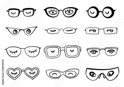 Set of funny glasses doodles with eyes photo