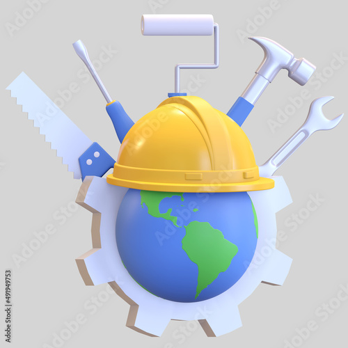 construction tools and helmet labour day illustration 3d render