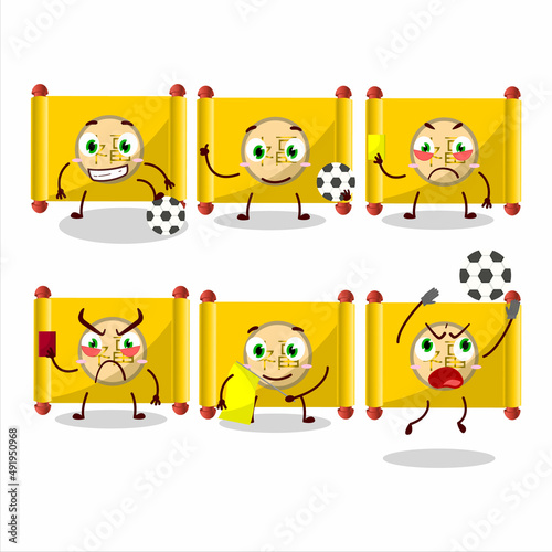 Yellow paper roll chinese cartoon character working as a Football referee