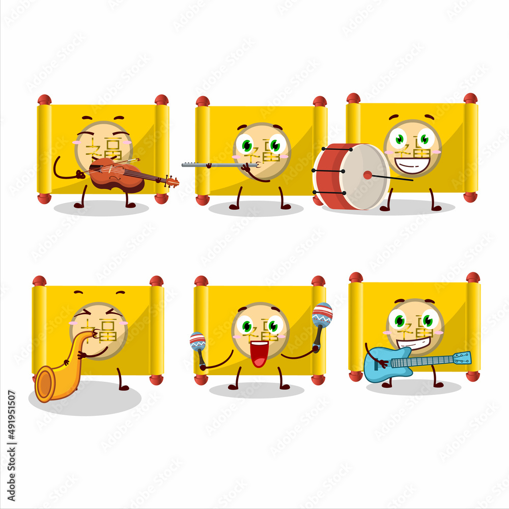 Cartoon character of yellow paper roll chinese playing some musical instruments Cartoon character of yellow paper roll chinese playing some musical instruments
