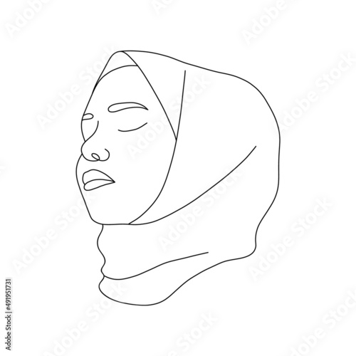 Linear arab woman in hijab. Elegant female portrait with closed eyes. Hand drawn outline female silhouette. Vector illustration in one line style. Beauty logo.