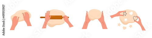 Kneading dough hands. Woman rolls homemade dough with rolling pin. Top view. Cooking school. Stay home and cook healthy food by recipe. Vector illustration in flat cartoon style.