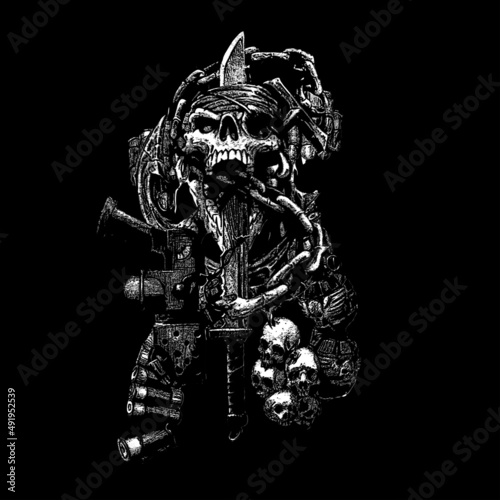 military skull hand drawn illustration. t-shirt and print design