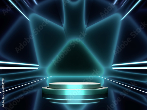 Illuminated realistic cylender or stage podium with abstract green and blut neon lights on background 3D render photo
