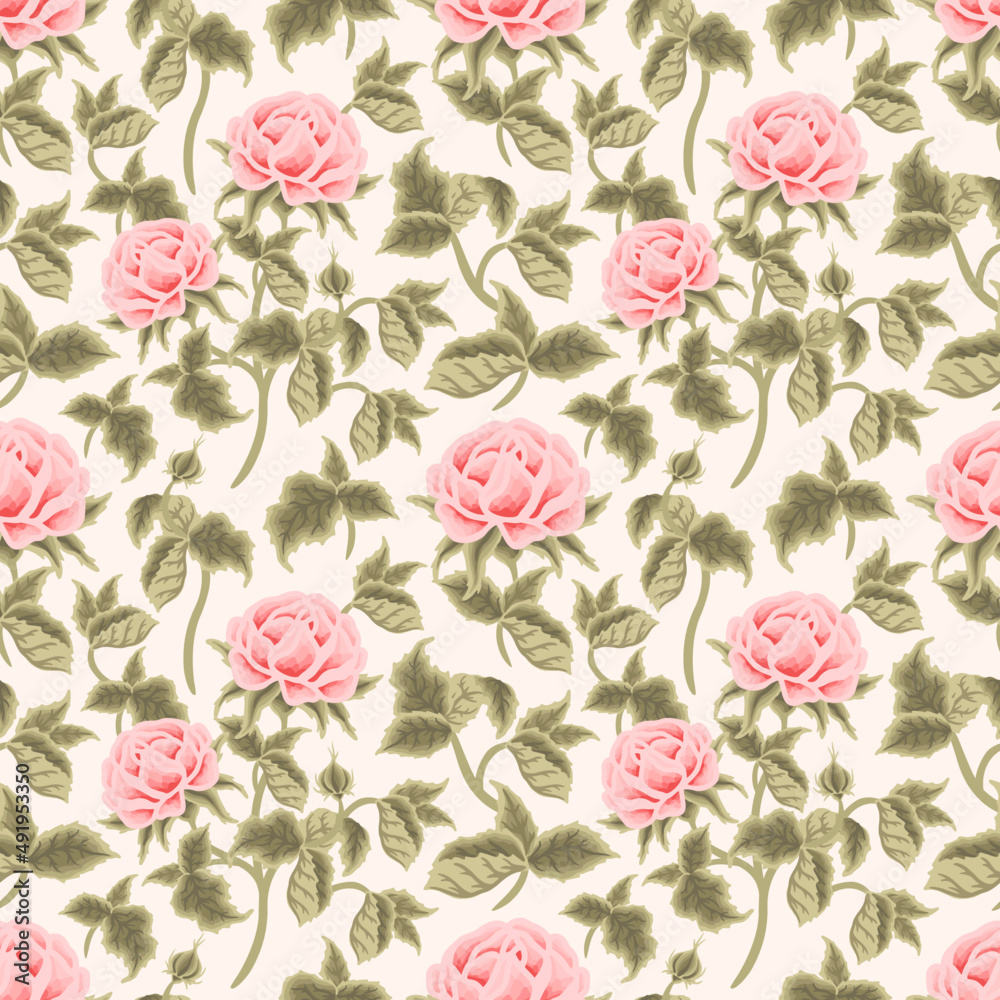 Vintage spring and summer peach garden rose flower vector seamless pattern illustration arrangements for fabric, floral prints, textile, gift wrapping paper, feminine brand and beauty products