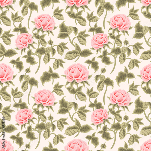 Vintage spring and summer peach garden rose flower vector seamless pattern illustration arrangements for fabric, floral prints, textile, gift wrapping paper, feminine brand and beauty products