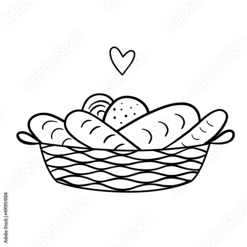Monochrome outline bakery or store logo. Line Wicker basket with bread. Vector hand drawn illustration in lineart style isolated on white background.