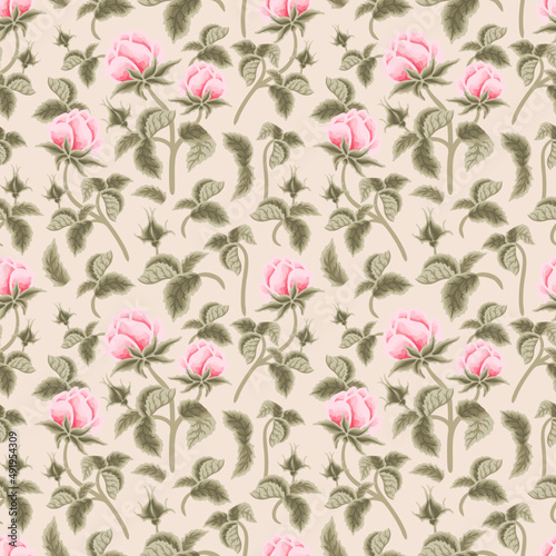 Vintage spring and summer garden rose flower bud vector seamless pattern illustration arrangements for fabric  floral prints  textile  gift wrapping paper  feminine brand and beauty products