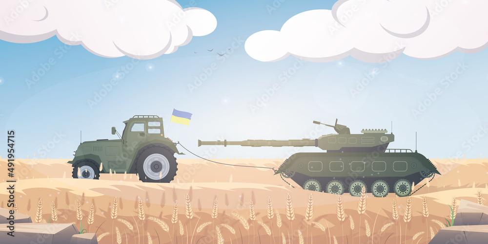 A Ukrainian farmer stole a Russian tank with a tractor. A tractor pulls a  military tank across the field. Cartoon style. Vector illustration. Stock  Vector | Adobe Stock