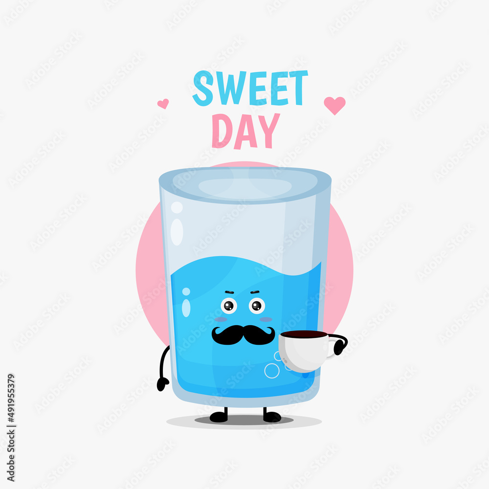 Cute water glass character with coffee cup Cute water glass character with coffee cup