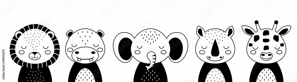 Fototapeta premium Black and white animals set of lion, elephant, hippo, rhino, giraffe. Cute animals in scandinavian style. Desing for kids t-shirts, wear, nursery decoration, greeting cards. Vector illustration.