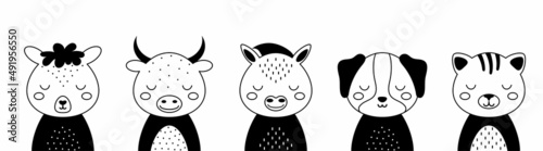 Black and white animals set of alpaca, bull, donkey, dog, cat. Cute animals in scandinavian style. Desing for kids t-shirts, wear, nursery decoration, greeting cards. Vector illustration.