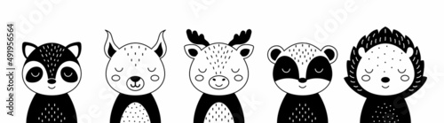 Black and white animals set of raccoon, squirrel, moose, badger, hedgehog. Cute animals in scandinavian style. Desing for kids t-shirts, wear, nursery decoration, greeting cards. Vector illustration.