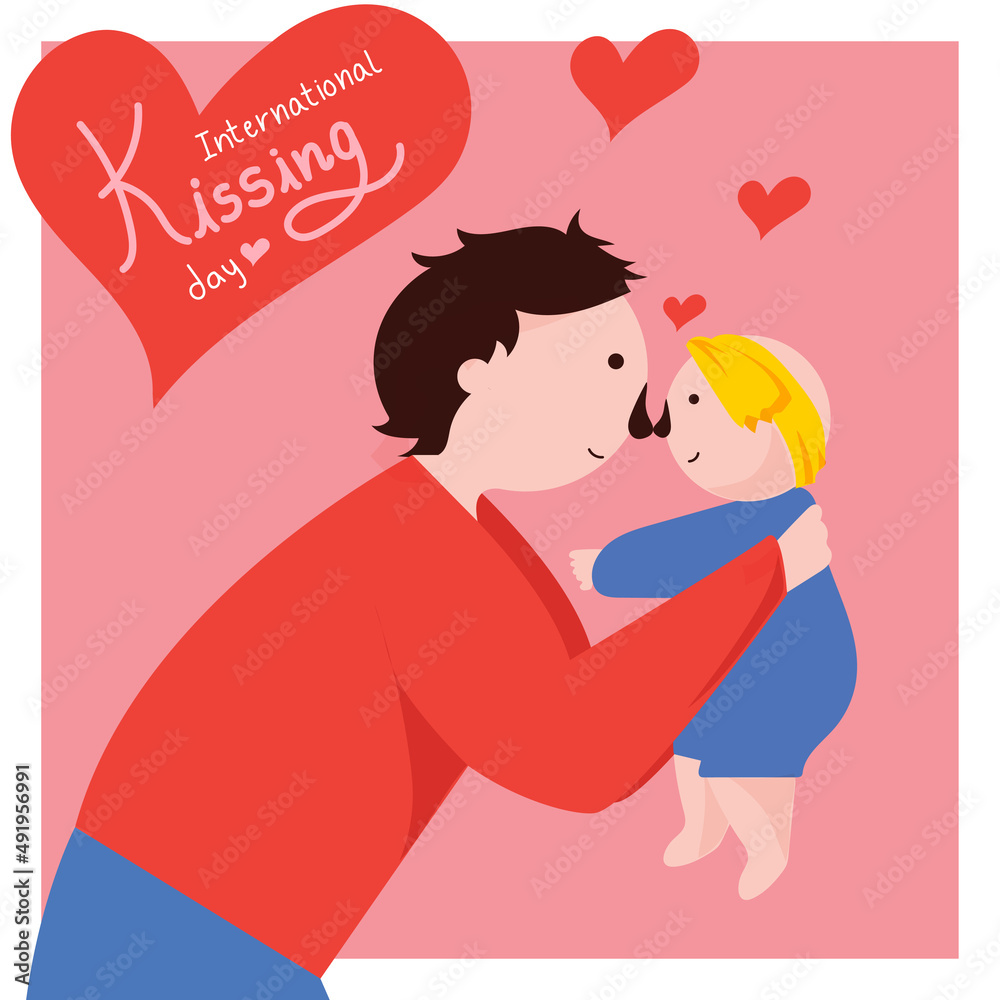 International Kissing Day hand drawing. Characters of father or dad holding baby and kissing wiht love and care, with text. Colorful flat vector illustration background International Kissing Day hand drawing. Characters of father or dad holding baby and kissing wiht love and care, with text. Colorful flat vector illustration background