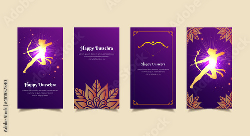 Celebration Dussehra day background with shinny lord rama silhouette. Dussehra day design Stories Collection. Dussehra day template stories suitable for promotion, marketing etc. 