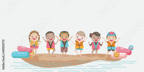 Children various nationalities in the summer beach child in  life jacket