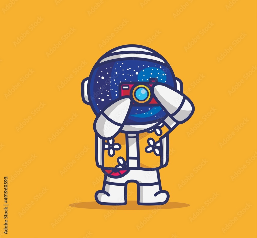 cute astronaut take a picture with camera. cartoon travel holiday vacation summer concept Isolated illustration. Flat Style suitable for Sticker Icon Design Premium Logo vector. Mascot Character
