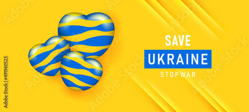 Stop the war in Ukraine flag blue yellow banner against praying concept ukraine icon in the shape of heart Save