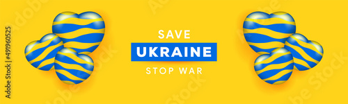 Stop the war in Ukraine flag blue yellow banner against praying concept ukraine icon in the shape of heart Save