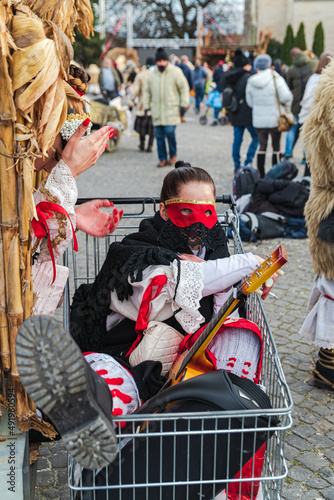 Traditional national celebration in folk style. Slavic tradition. Performance with Hungarian masked artists. Authentic buso from Hungary Mohacs. Busojaras holiday. Hungarian name is Mohacsi  busojaras photo