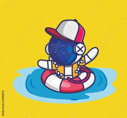 cute astronaut swimming ocean with lifebuoy. cartoon travel holiday vacation summer concept Isolated illustration. Flat Style suitable for Sticker Icon Design Premium Logo vector. Mascot Character