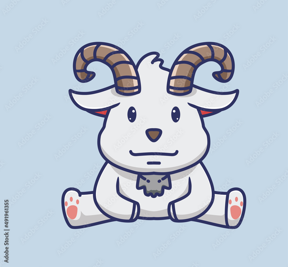 Cute young goat sitting pose with big horn. Animal Isolated Cartoon Flat Style Icon illustration Premium Vector Logo Sticker Mascot Cute young goat sitting pose with big horn. Animal Isolated Cartoon Flat Style Icon illustration Premium Vector Logo Sticker Mascot