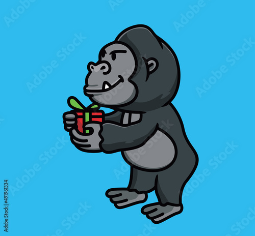 cute gorilla bring a special gift. Cute baby young gorilla ape black monkey. Animal Isolated Cartoon Flat Style Icon illustration Premium Vector Logo Sticker Mascot