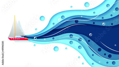Abstract Paper Cut Boat Swim On Water White Background Vector Design Style