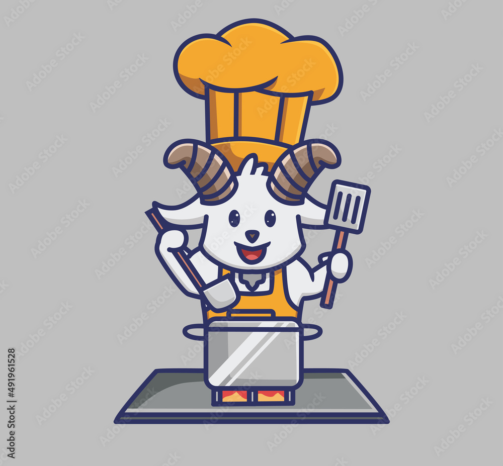 cute goat cooking chef holding a spatula. Animal cartoon Isolated Flat Style Sticker Web Design Icon illustration Premium Vector Logo mascot character