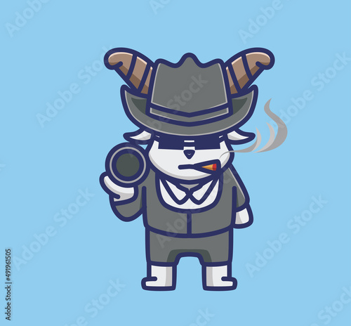 cute mafia goat wearing black suit and brink a gun. animal flat cartoon style illustration icon premium vector logo mascot suitable for web design banner character