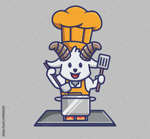cute goat cooking chef holding a spatula. Animal cartoon Isolated Flat Style Sticker Web Design Icon illustration Premium Vector Logo mascot character