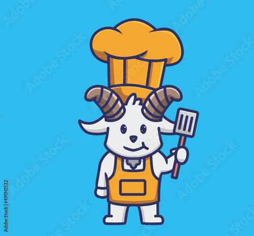 cute goat chef holding spatula. Animal cartoon Isolated Flat Style Sticker Web Design Icon illustration Premium Vector Logo mascot character