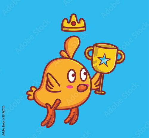 cute chicks bird bring a trophy and crown. animal flat cartoon style illustration icon premium vector logo mascot suitable for web design banner character photo