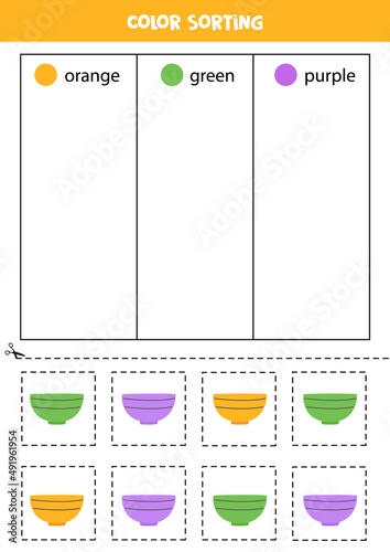 Sort bowls by colors. Learning colors for children.