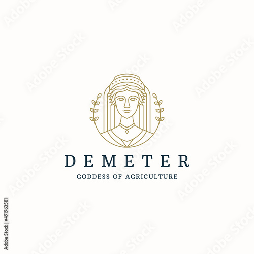 Demeter the Ancient Greek goddess of grain and agriculture logo icon design template line style flat vector