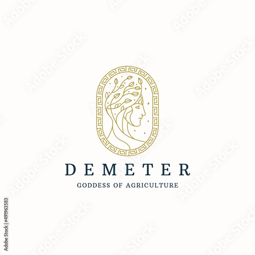 Demeter the Ancient Greek goddess of grain and agriculture logo icon design template line style flat vector photo