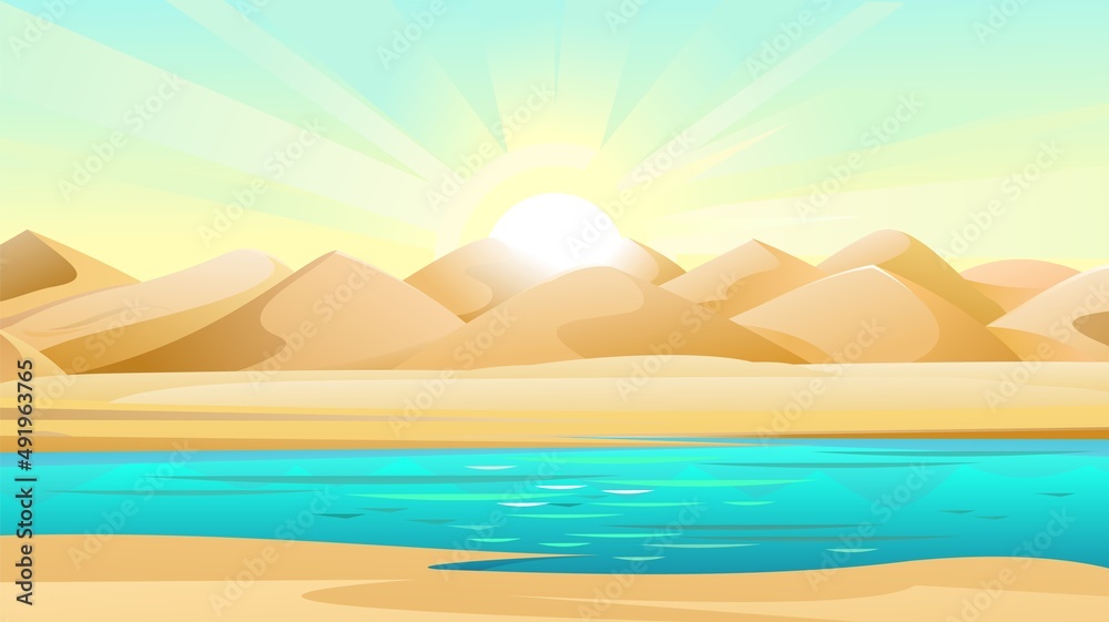 Lake in sands of desert. Landscape of southern countryside. Cool cartoon style. Vector